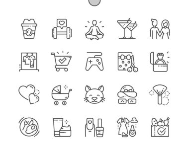 Social media Highlights. It is well suited for bloggers. Story. Coffee time, family, beauty, manicure, pets and other. Pixel Perfect Vector Thin Line Icons. Simple Minimal Pictogram