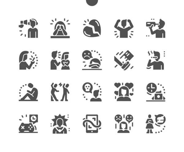 Tieners problemen. Negeer, tranen en depressie. Gebroken hart. Agressie, eenzaamheid, amorositeit, stemmingswisselingen. Vector Solid Icons. Eenvoudig Pictogram — Stockvector