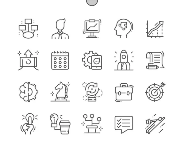 Nya affärer. Diagram och diagram. Arbetsprocesser. Strategi, utveckling, planering och planering. Starta ett projekt. Pixel perfekt vektor tunn linje ikoner. Enkelt minimalt piktogram — Stock vektor