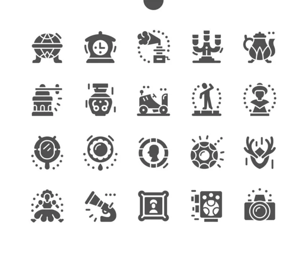 Antiquitäten. Grammophon, Kerzenständer, alte Münze, Porzellanpuppe, Brosche und andere. Retro-Kunst, klassischer Stil, Dekoration. Vektor Solid Icons. Einfaches Piktogramm — Stockvektor