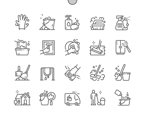 Putzen. Möbelreinigung. Geschirr spülen. Reinigungskraft. Teppichreinigung. Pixel Perfect Vector Thin Line Icons. Einfaches minimales Piktogramm — Stockvektor