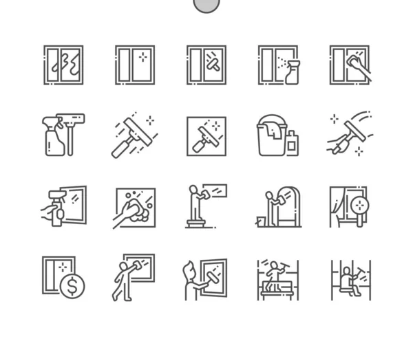 Glasreinigung. Fenster putzen. Waschmaschine, Putzfrau, Wäsche, Service, Hausarbeit. Scheibenwischer. Pixel Perfect Vector Thin Line Icons. Einfaches minimales Piktogramm — Stockvektor