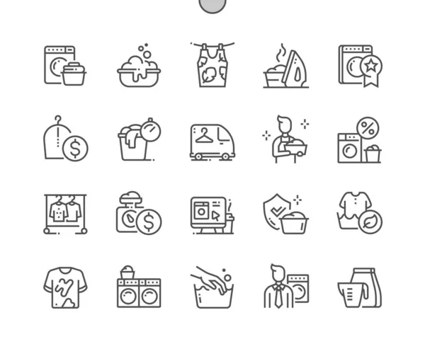 Wäscherei. Schnellreinigung. Beste Waschmaschine. Wäscheservice. Umweltfreundliche Wäsche. Pixel Perfect Vector Thin Line Icons. Einfaches minimales Piktogramm — Stockvektor