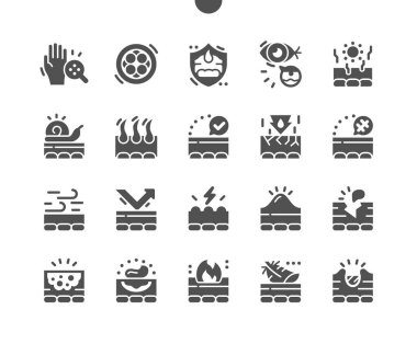 Deri. Göz kırışıklıkları. Cilt kanseri. Saç kesimi. Hassas bir cilt. Güzellik, tedavi, tıp ve cilt bakımı. Vektör Katı Simgeleri. Basit Resim Grafiği