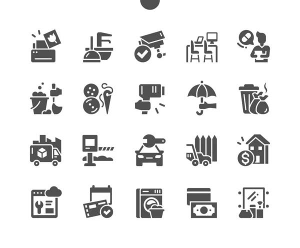 Servicios. Servicio diferente de las personas. Impresión, plomería, seguridad, coworking, médico, servicio de limpieza y otros. Negocios, tecnología, empresa. Vector Solid Icons. Pictograma simple — Vector de stock