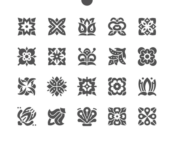 Bloemborduurwerk. Patroon, borduurwerk, bloem, decor, stof, stijl en traditioneel. Prachtig sieraad. Vector Solid Icons. Eenvoudig Pictogram — Stockvector