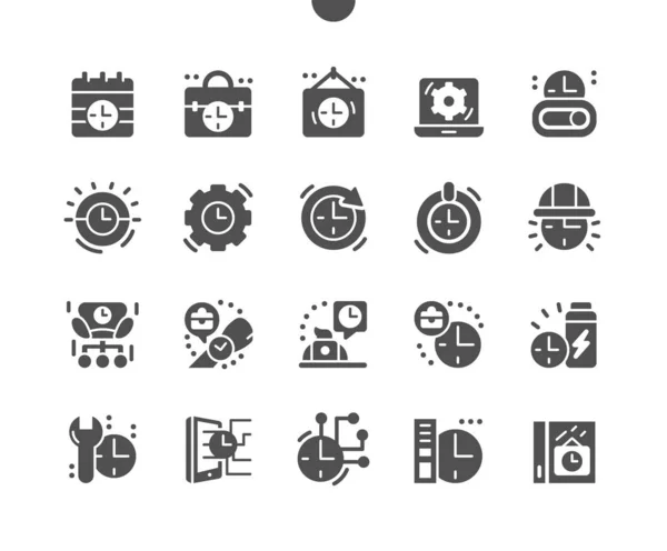 Heures de travail. Temps de travail. Calendrier, horloge, horaire, minuterie et gestion. Heures de bureau. Icônes vectorielles solides. Pictogramme simple — Image vectorielle