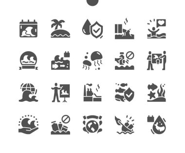 Dünya Okyanusları Günü 8 Haziran. Su koruması. Takvim. Haziranın sekizi. Okyanus bakımı. Kirlilik kontrolü. Plastiği yasakla. Vektör Katı Simgeleri. Basit Resim Grafiği