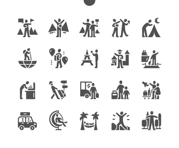 Travel people. Traveling and camping. Guide. Suitcase, airport, beach, forest, relax. Travel car. Vector Solid Icons. Simple Pictogram — Stock Vector