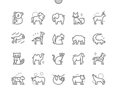 Hayvanlar. Memeliler, vahşi yaşam ve hayvanat bahçesi. Leopar, koala, aslan, fil, tilki, sincap, ayı, timsah, rakun, maymun ve diğerleri. Piksel Mükemmel Vektör İnce Çizgi Simgeleri. Basit Asgari Resim Grafiği