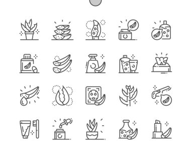 Aloe vera. Güzellik kozmetiği. Doğal bileşen. Aloe vera ile kadın cilt bakımı. Piksel Mükemmel Vektör İnce Çizgi Simgeleri. Basit Asgari Resim Grafiği