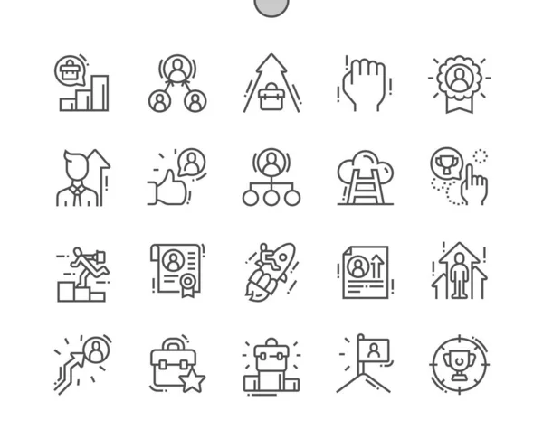 Beschäftigungsförderung. Karriereleiter. Geschäftserfolg. Genehmigung zur Beförderung. Pixel Perfect Vector Thin Line Icons. Einfaches minimales Piktogramm — Stockvektor