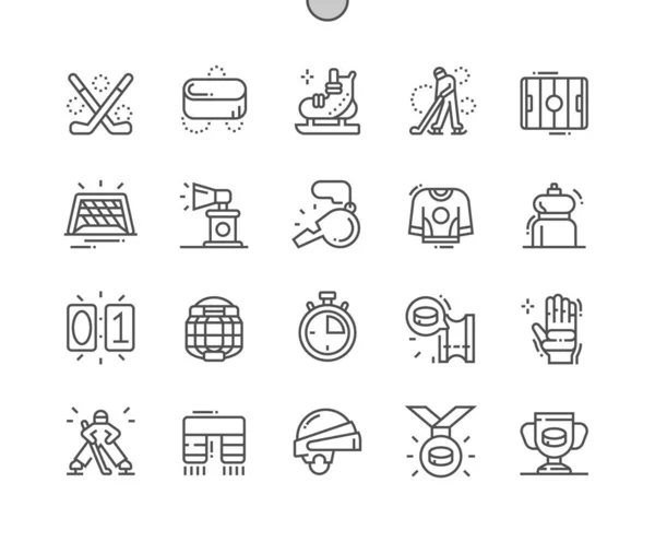 Hockey. Sportspiel. Hockey-Meisterschaft, professionelle Kleidung zum Spielen. Fan-Attribute. Torwartmaske. Pixel Perfect Vector Thin Line Icons. Einfaches minimales Piktogramm — Stockvektor