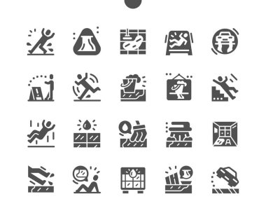 Yerler ıslak. Yere yatın. Kaygan adımlar. Yaralanma ihtimali var. Tehlike, önleme, kaza, uyarı, dikkat. Vektör Katı Simgeleri. Basit Resim Grafiği