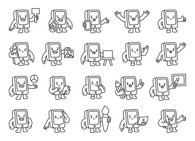 Arkadaş canlısı farklı duygulara sahip sevimli cihazları gösteren ve modern tasarım projeleri için iletişim yaratıcılığı eğitimi sunumu ve öğrenmesini sağlayan akıllı telefon rehber seti.