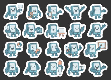 Arkadaş canlısı farklı duygulara sahip sevimli cihazları gösteren ve modern tasarım projeleri için iletişim yaratıcılığı eğitimi sunumu ve öğrenmesini sağlayan akıllı telefon rehber seti.