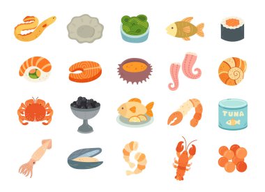 İskandinav usulü deniz ürünleri, balık istiridye, deniz yosunu, suşi, somon, kestane, ahtapot, havyar, kalamar, mürekkep balığı.