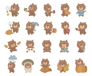 Farklı pozlar ve duygularla İskandinav tarzında dizilmiş sonbahar ayısı mevsimlik orman hayvanları yürüyüş sırasında rahat giysiler giyiyorlar.