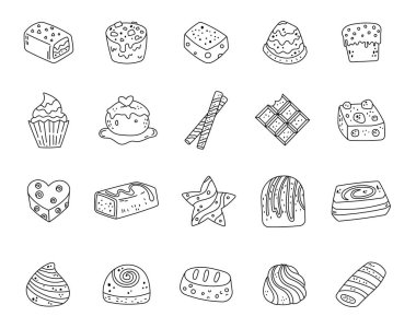 Ana hatlarıyla çizilmiş çikolatalı şekerlemeler çeşitli tatlı ikram pastaneleri resimleriniz ve yaratıcı tasarım projeleriniz için mükemmel.