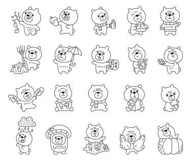 Sonbahar ayısı, farklı pozlar ve duygularla ana hatlarına yerleşmiş. Mevsimlik orman hayvanları, yürüyüş sırasında giydiği rahat kıyafetleri hasat ediyor.