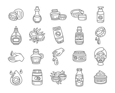 Hindistan cevizi yağı kozmetik kaplıcası ana hatlarıyla çizilmiş. Kavanoz şişesi, krem maskeli el, doğal güzellik ürünlerine bakıyor.