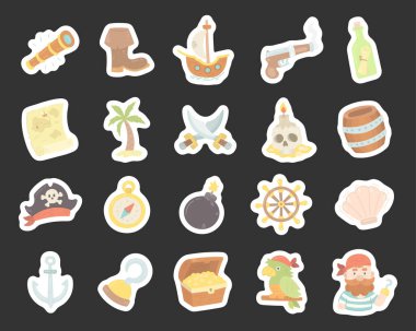 İskandinav tarzında hazırlanmış korsan hayat macerası klasik denizci nesnelerini gösteriyor karakterler hazine yön bulma silah sembolleri hikaye anlatma projelerinden esinlenilmiştir