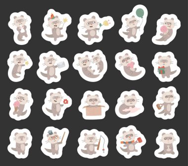 İskandinav tarzında hazırlanmış gelincik karakteri farklı pozlarda ve duygusal hediyelerle sevimli, dost canlısı bir hayvan gösteriyor. Kutlama, okul, tatil, balıkçılık, uyku, aile.