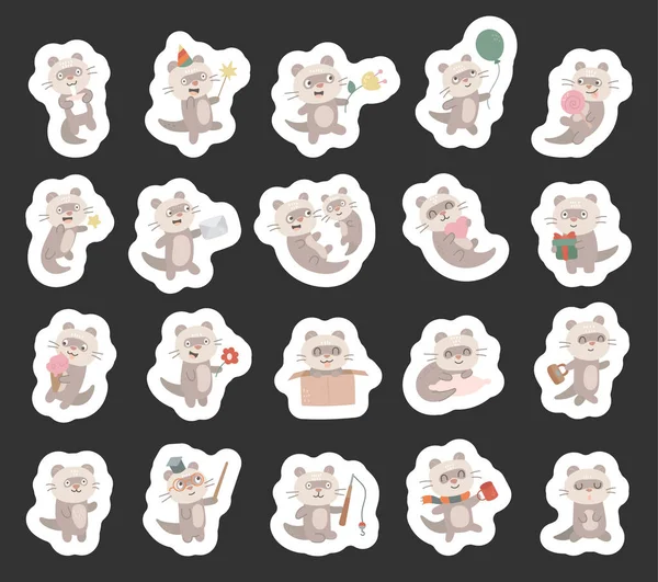 İskandinav tarzında hazırlanmış gelincik karakteri farklı pozlarda ve duygusal hediyelerle sevimli, dost canlısı bir hayvan gösteriyor. Kutlama, okul, tatil, balıkçılık, uyku, aile.