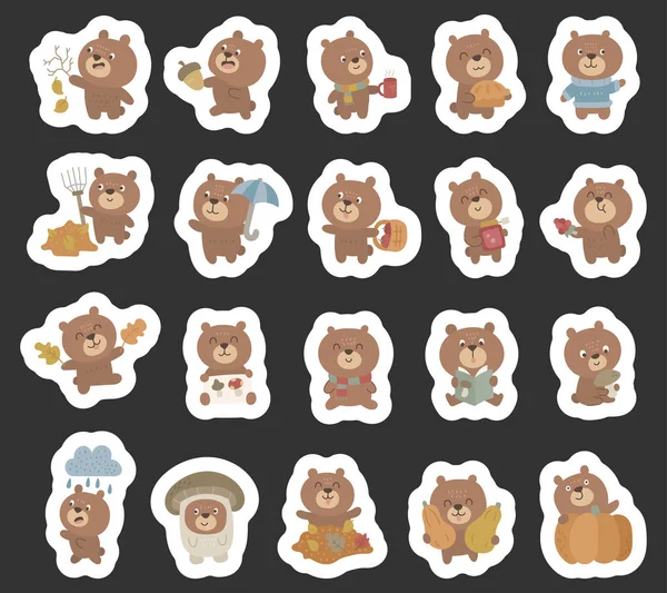 Farklı pozlar ve duygularla İskandinav tarzında dizilmiş sonbahar ayısı mevsimlik orman hayvanları yürüyüş sırasında rahat giysiler giyiyorlar.