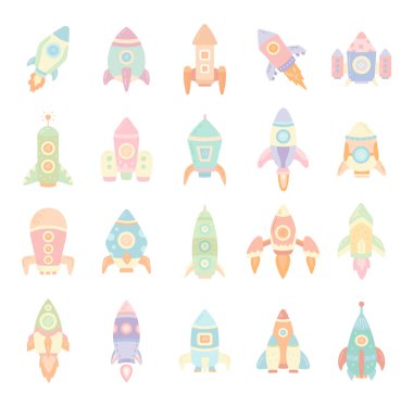 İskandinav tarzında ayarlanmış kozmik roket, canlandırma ve yaratıcı tasarım projeleriniz için mükemmel iticileri ve motorları olan eğlenceli uzay fırlatma araçlarını gösteriyor