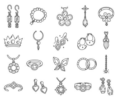 Özet çizilmiş değerli mücevherler. Küpeler, kolyeler, kolyeler. Kolyeler, takılar.