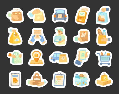 Kurye taşıma paketlerini gösteren İskandinav usulü servis teslimatı paketleri, market alışverişleri yemek ödemeleri, bildiriler, akıllı telefon faturaları.