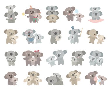 Koala aile karakteri İskandinav tarzı ebeveyn kardeş şefkatli bir şekilde öğretmenlik yapıyor kitap okuyor, yürüyor, öğreniyor.