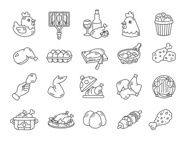 Ana hatlarıyla çizilmiş tavuk yemekleri kümes hayvanları yumurtalar, yemek pişirme aletleri mutfak hazırlıkları kızartma mutfağı.