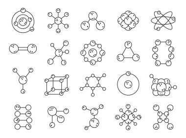 Çizgi çizgisi sanatı içerisindeki eğitici atom ve molekül çekirdek yörünge bağları örgü halkalar küme fizik kimya okulu bilimi çiziminiz için