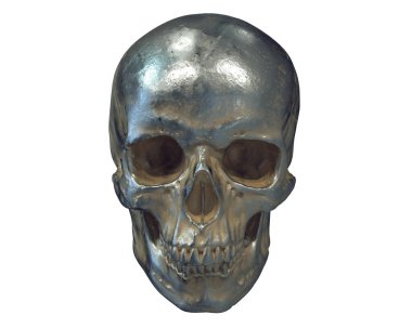 Metalik insan kafatasının beyaz arka planda izole edilmiş üç boyutlu çizimi