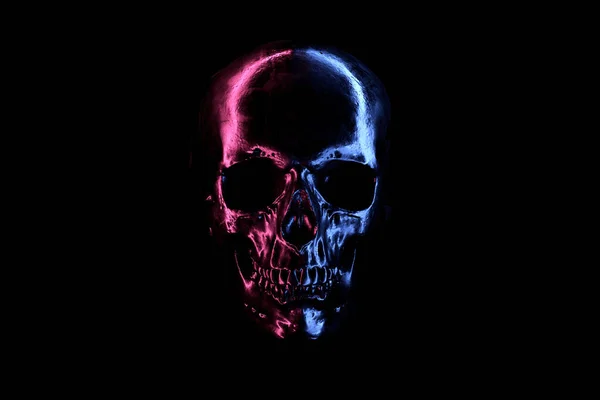 Parlak metalik Kafatası 'nın üç boyutlu yansıması ve karanlıkta Neon yansıması.