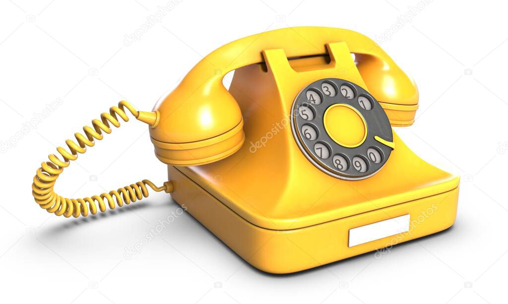 Render of Yellow retro phone isolated on white background