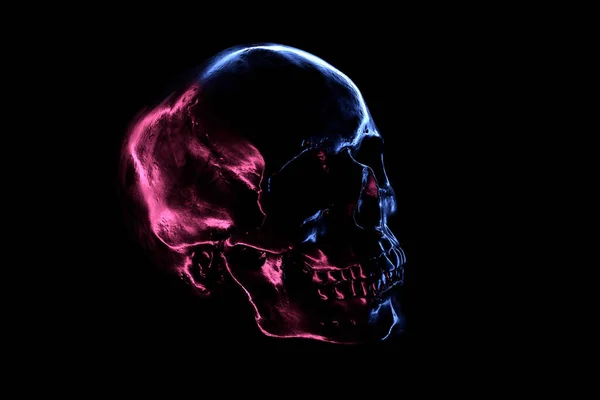 3D-weergave van glanzende metalen schedel met neon reflectie in het donker — Stockfoto