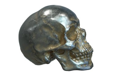 Metalik insan kafatasının beyaz arka planda izole edilmiş üç boyutlu çizimi