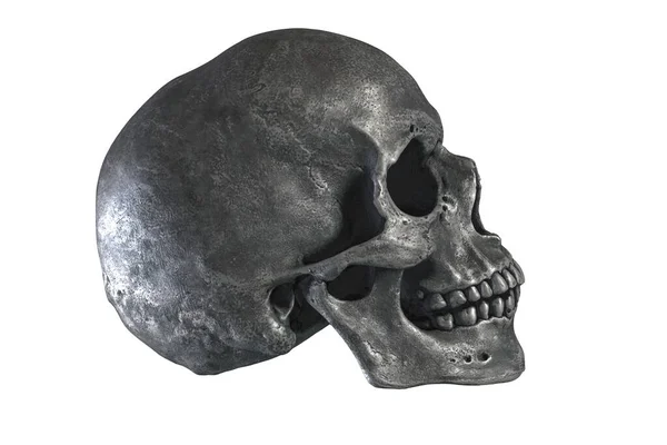 Metalik insan kafatasının beyaz arka planda izole edilmiş üç boyutlu çizimi