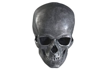 Metalik insan kafatasının beyaz arka planda izole edilmiş üç boyutlu çizimi