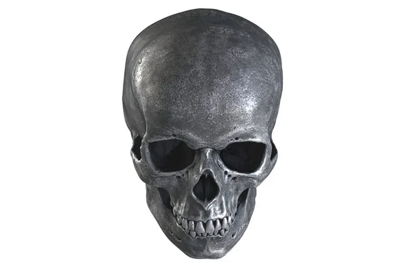 Metalik insan kafatasının beyaz arka planda izole edilmiş üç boyutlu çizimi