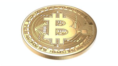 Beyaz üzerine izole edilmiş 3D Altın Bitcoin çizimi