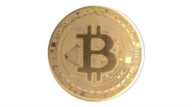 Beyaz üzerine izole edilmiş 3D Altın Bitcoin çizimi