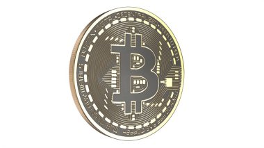 Beyaz üzerine izole edilmiş 3D Altın Bitcoin çizimi
