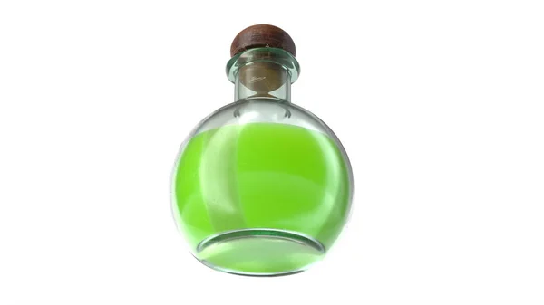 3d illustration of round glass flask with toxic green potion isolated on white — стоковое фото