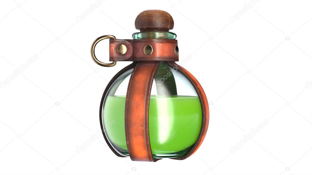 3D Illustration of Leather potion bottle holder isolated on white.