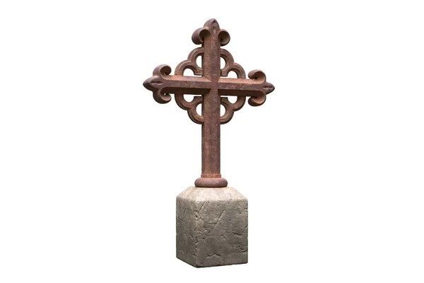 Illustration 3d d'une vieille croix de pierre tombale rouillée isolée sur blanc — Photo