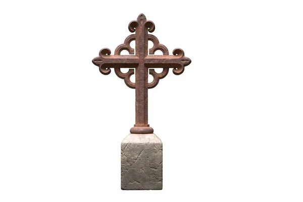 Illustration 3d d'une vieille croix de pierre tombale rouillée isolée sur blanc — Photo